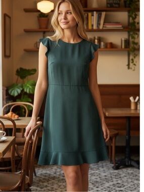 LOFT Green Flutter Ruffle Hem Work Dress